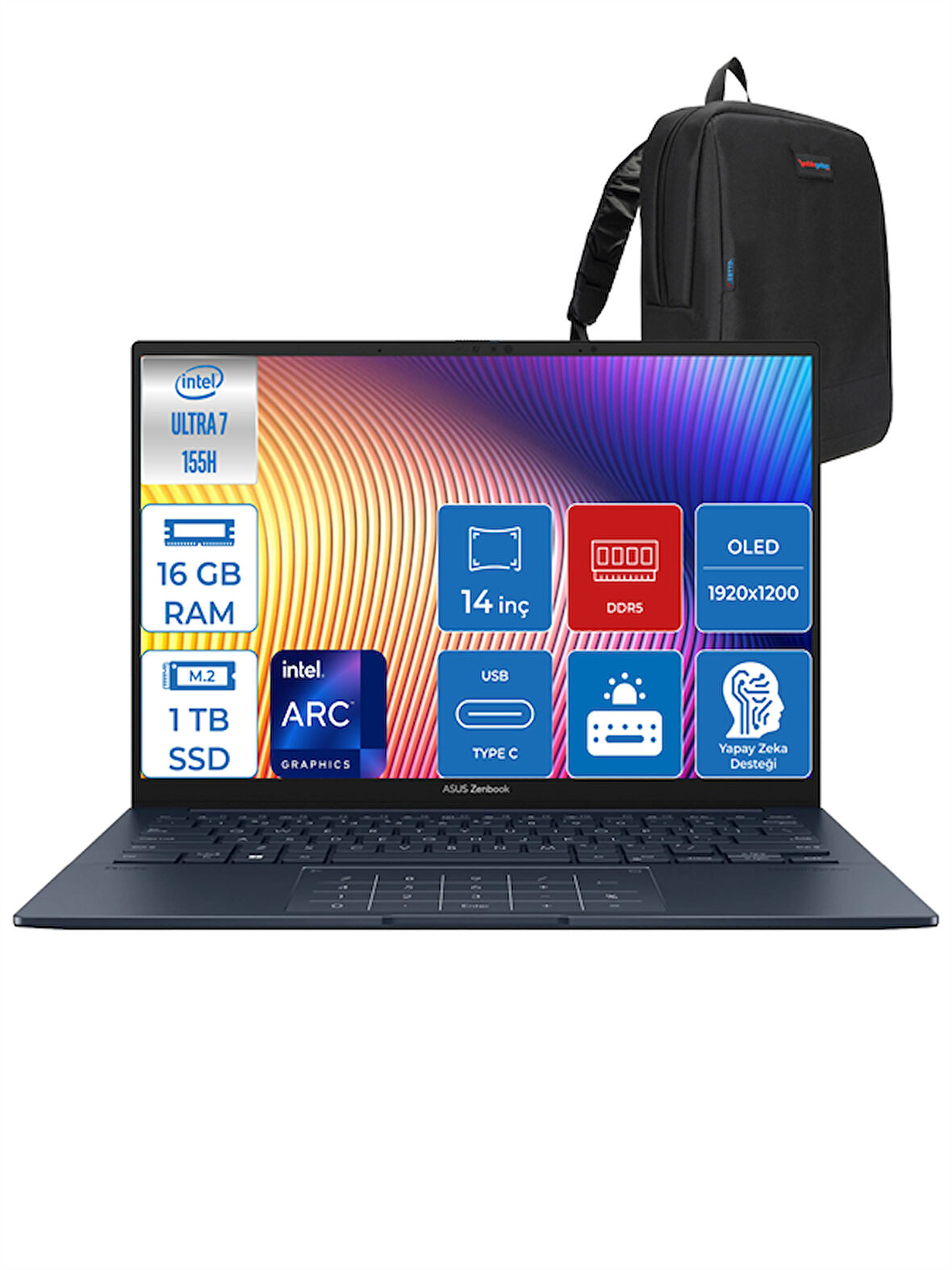 Zenbook 14 OLED Ultra 7 155H 16GB LPDDR5X 1tb SSD Intel Arc 14" OLED Wuxga 0.2ms WIN11PRO Taşınabilir Bilgisayar QD511WP02 + Zettaçanta
