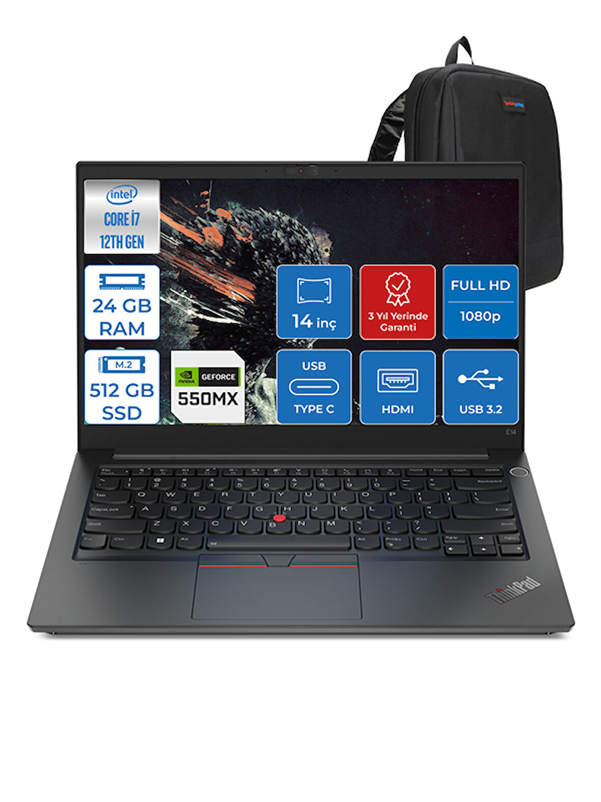 Thinkpad E14 G4 Intel Core I7-1255U 24GB 512GB SSD 2GB/MX550 14" IPS Fhd Freedos Taşınabilir Bilgisayar 21E3S0S60F03 + Zettaçanta