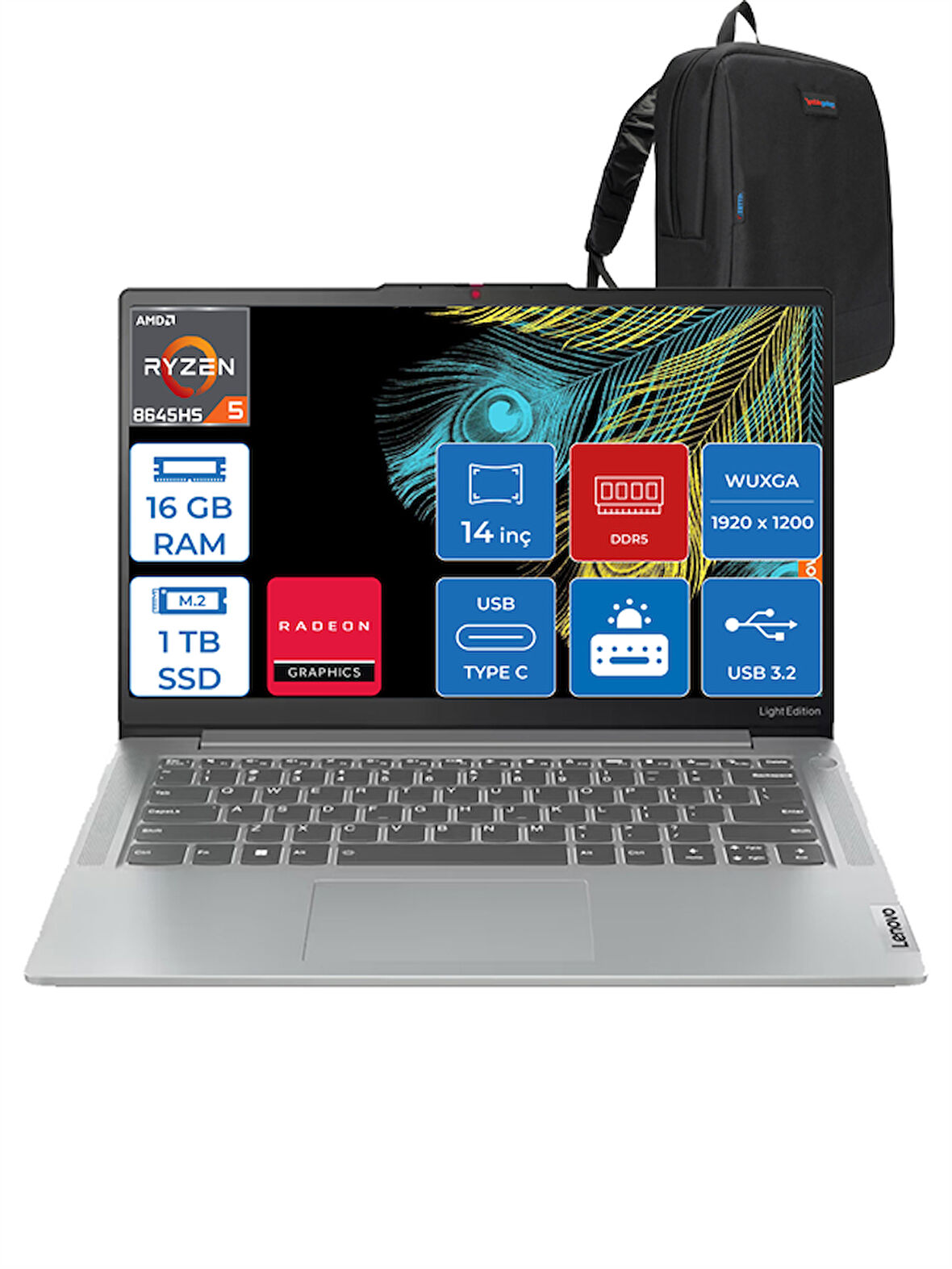 Ideapad Slim 5 Amd Ryzen 5 8645HS 16GB LPDDR5X 1tb SSD Freedos 14" Wuxga IPS 300NITS Taşınabilir Bilgisayar ID83DB003VTRF01 + Zettaçanta