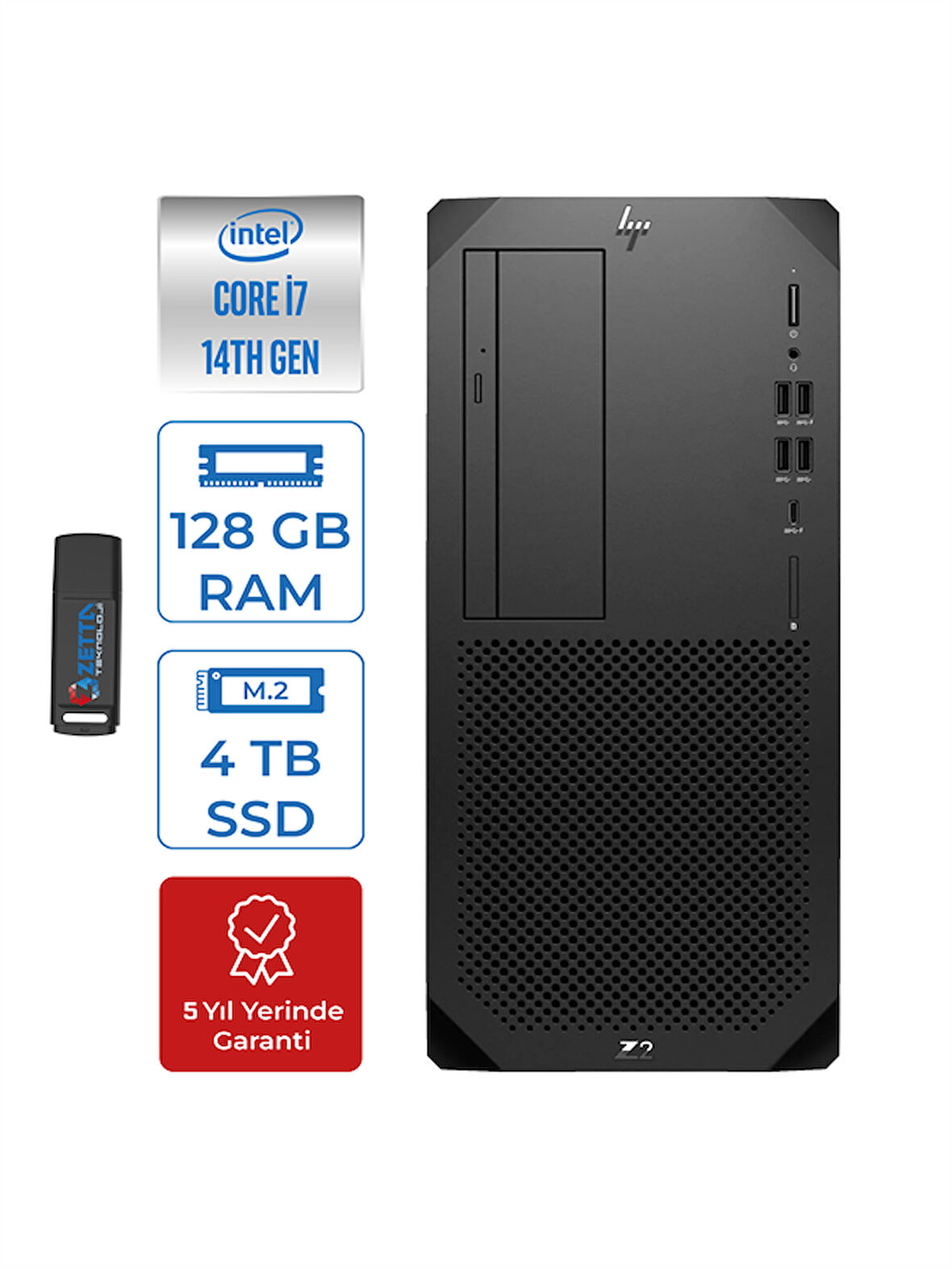 Z2 G9 Intel Core I7 14700 128GB Ddr5 4tb SSD Intel® UHD Windows 11 Pro Masaüstü Iş Istasyonu HPA2JH4ESP19 + Zettausbbellek