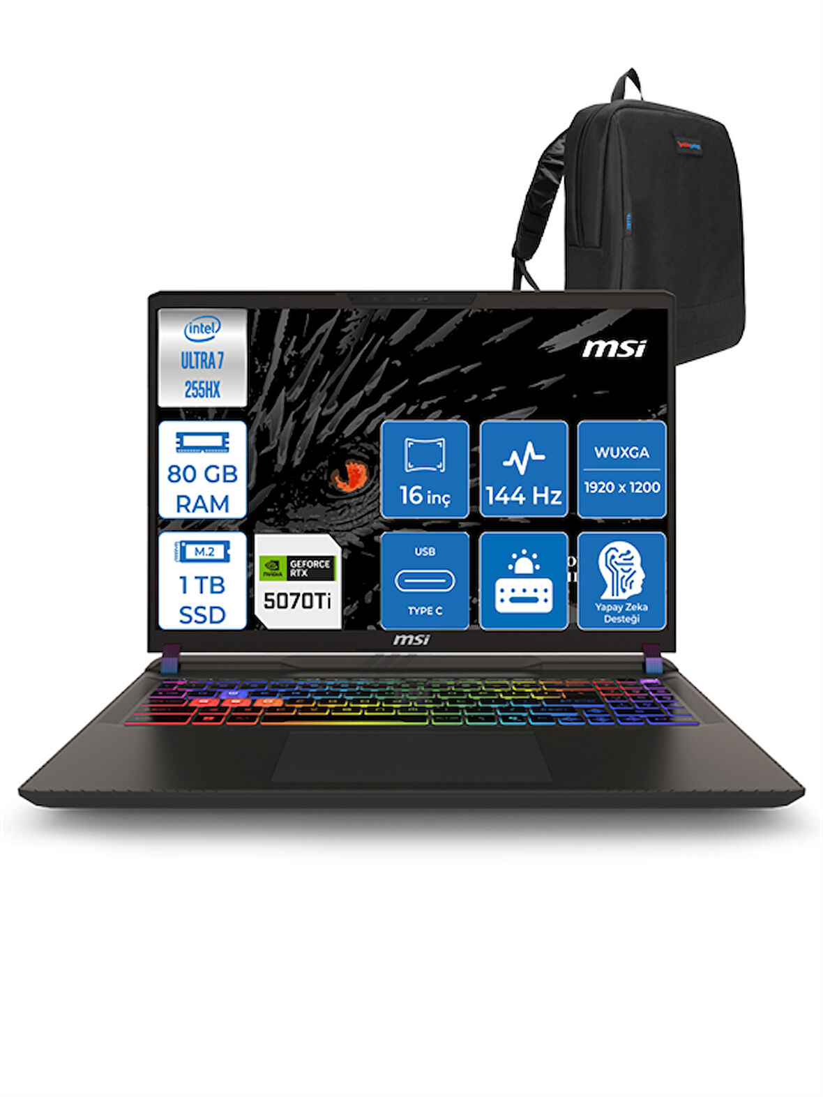 Msı Vector 16 Hx Aı Intel Ultra 7 255HX Aı 80GB Ddr5 1tb SSD 12GB/RTX5070TI/140W Freedos 16" Fhd+ 144Hz Taşınabilir Bilgisayar 091XTRF22 + Zettausbbellek