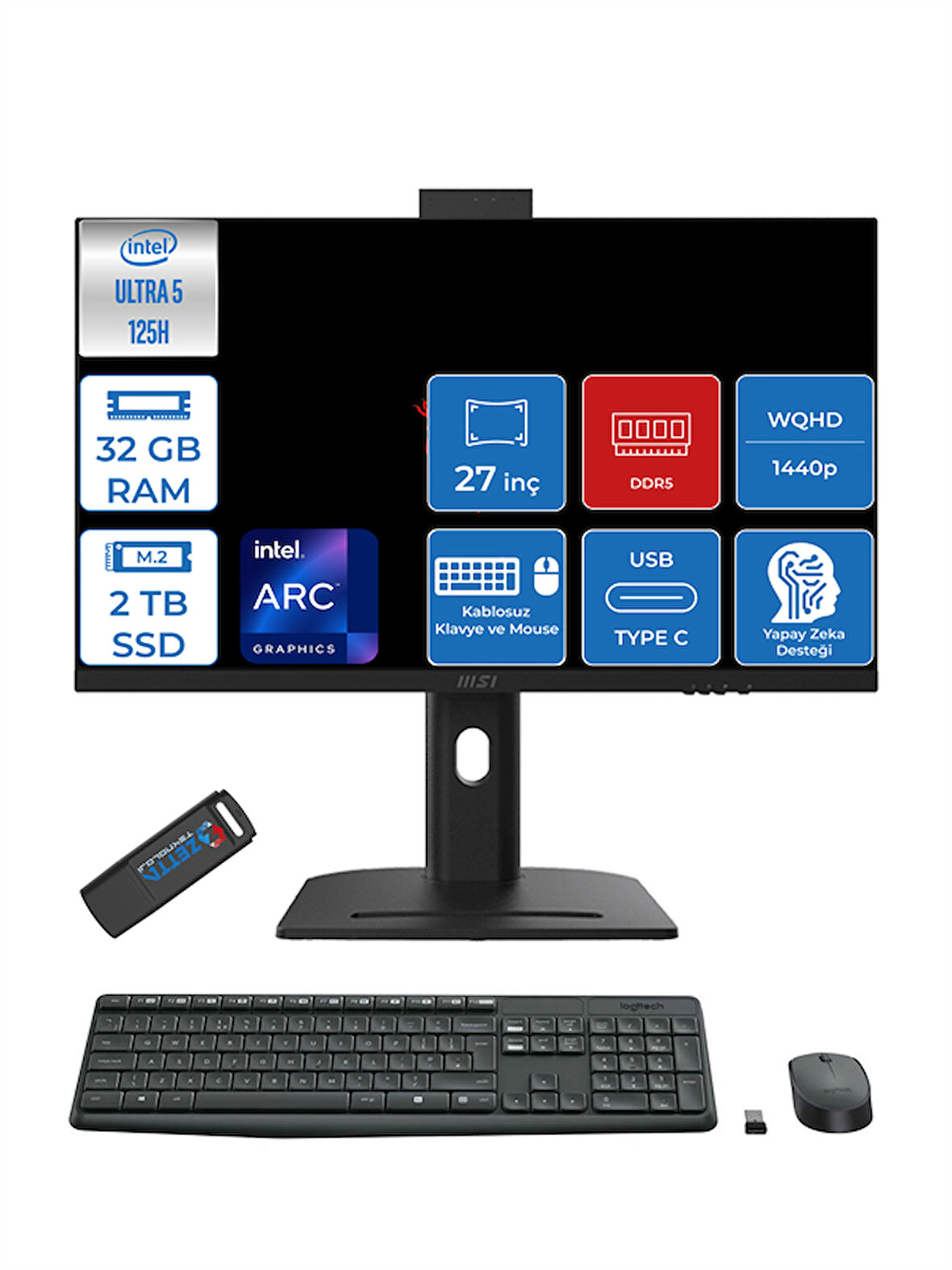 Msı Modern Aı Intel Core Ultra 5 125H 32GB Ddr5 2tb SSD Intel® Arc™ Graphics WIN11PRO 27" 2k Wqhd Yapay Zeka Destekli All In One Bilgisayar AM273QPP11 + Zettausbbellek