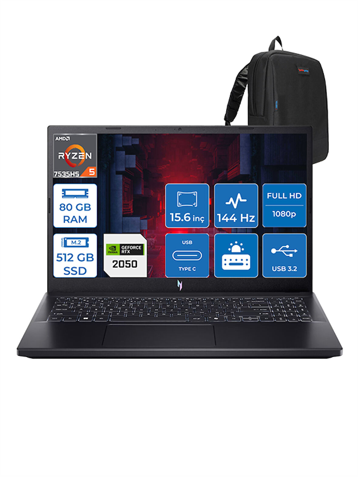 Acer Nitro V15 Amd Ryzen 5 7535HS 80GB Ddr5 512GB SSD 4GB/RTX2050/75W Freedos 15.6" Fhd 144Hz Taşınabilir Bilgisayar ANV15R3F8F21 + Zettaçanta