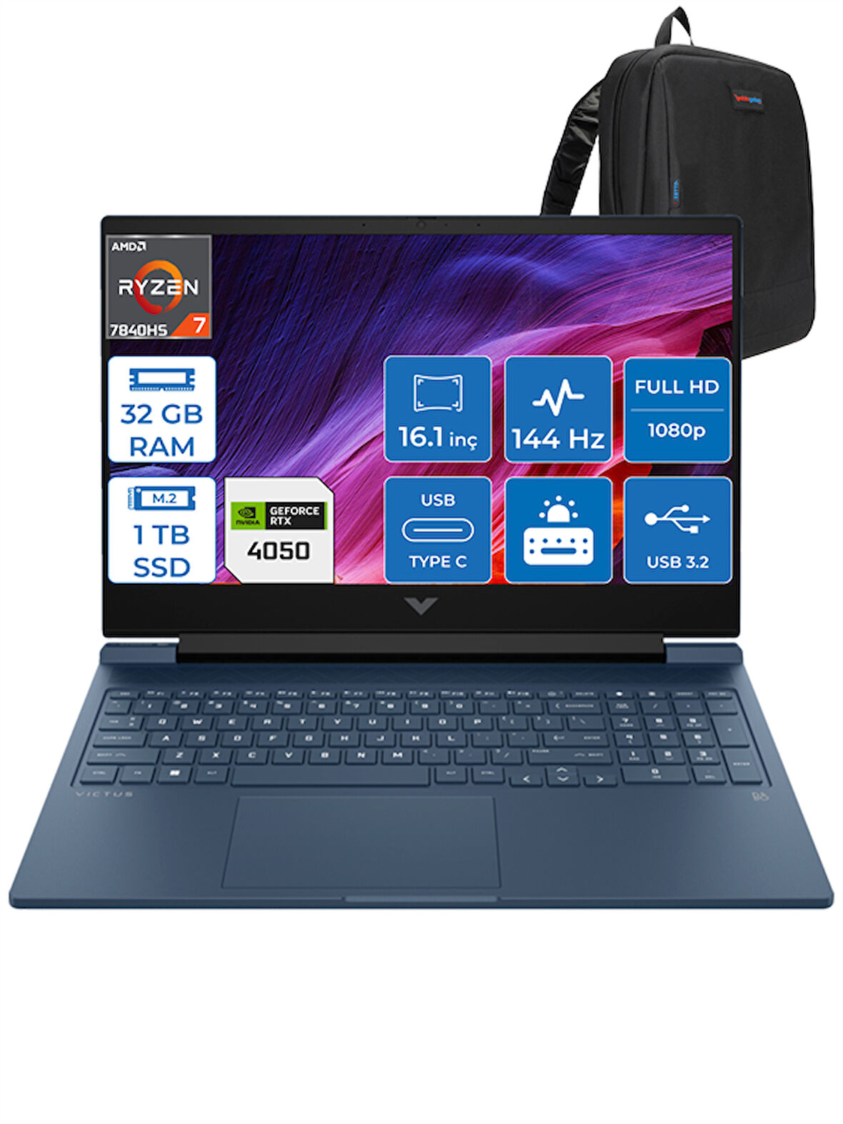 Victus 16-S0022NT Ryzen 7 7840HS 32GB Ddr5 1tb SSD 6GB/RTX4050/120W 16.1" 144Hz IPS Fhd Freedos Taşınabilir Bilgisayar HP7Z588EAF09 + Zettaçanta