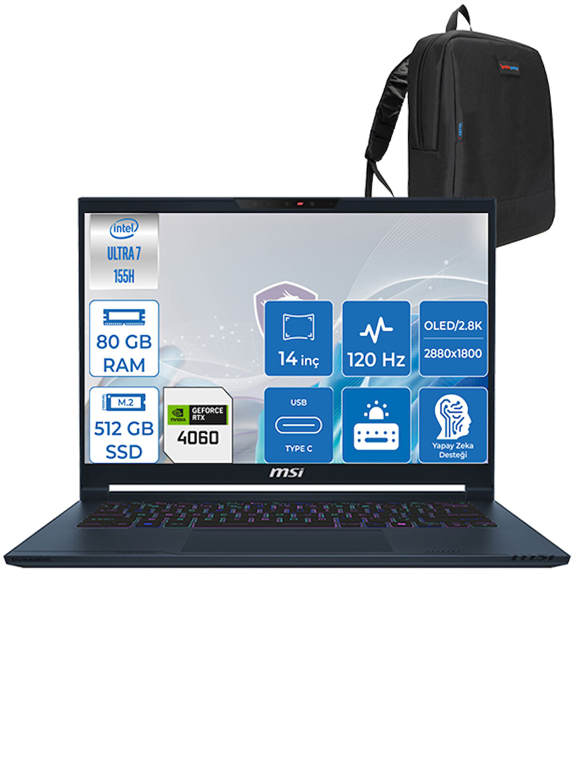 MSI Stealth 14 Aı Studıo Ultra 7 155H 80GB Ddr5 512GB SSD 8GB/RTX4060/105W 14" 2.8k OLED 120Hz Freedos Taşınabilir Bilgisayar MSA1VFGF19 + Zettaçanta