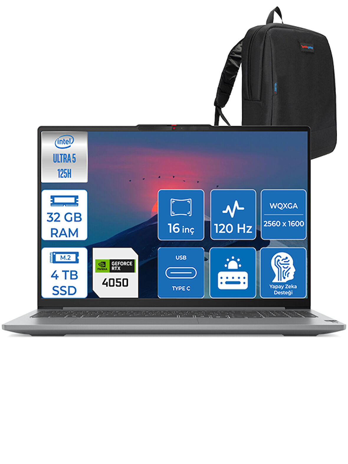 Lenovo Ideapad Pro 5 Ultra 5 125H 32GB LPDDR5X 4tb SSD 6GB/RTX4050 2.5k 120Hz 16" Freedos Dizüstü Bilgisayar 16IMH9F03 + Zettaçanta