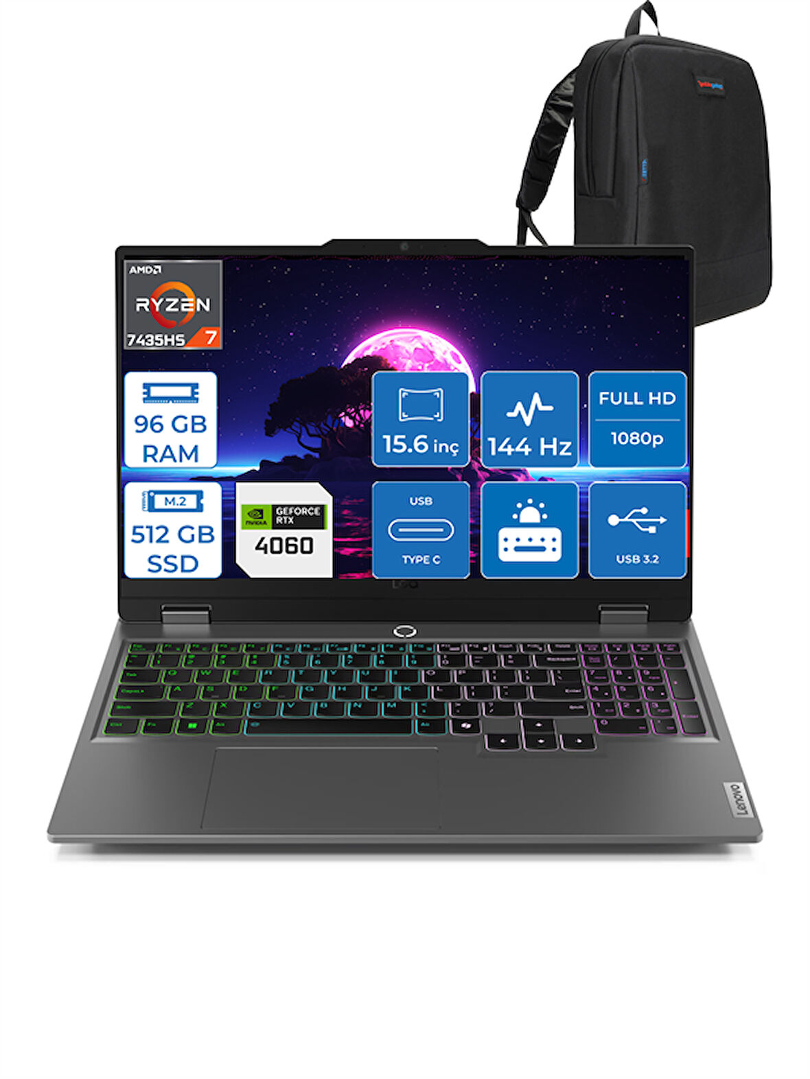 Lenovo Loq Amd Ryzen 7 7435HS 96GB Ddr5 512GB SSD 8GB/RTX4060/105W Freedos 15.6" Fhd 144Hz Yapay Zeka Destekli Taşınabilir Bilgisayar LQ83JC00E7TRF25 + Zettaçanta