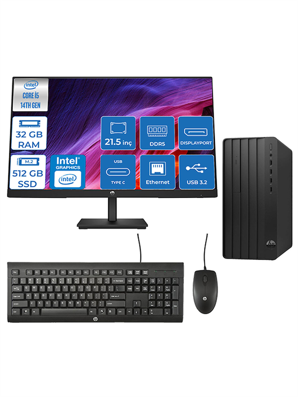 Hp Pro 290 G9 Intel Core I5 14400 32GB Ddr5 512GB Windows 11 Pro 21.5" Monitör Masaüstü Bilgisayar GMON54XLETP09 + Zettausbbellek