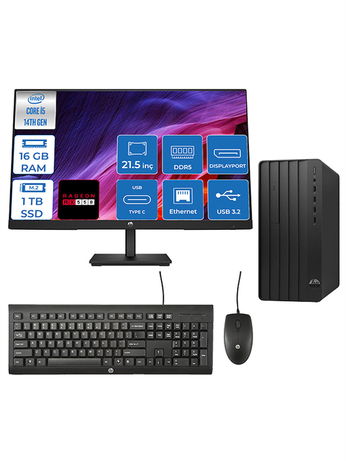 Hp Pro 290 G9 Intel Core I5 14400 16GB Ddr5 1tb Windows 11 Pro 4GB/RX550 21.5" Monitör Masaüstü Bilgisayar GMON54XLETRXP02 + Zettausbbellek