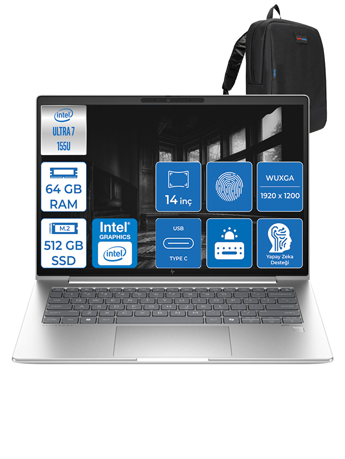 Hp Elitebook 640 G11 Ultra7 155U 64GB Ddr5 512GB SSD 14"' Fhd 400NIT Wuxga Windows 11 Home Taşınabilir Bilgisayar HA23E2EAH016 + Zettaçanta