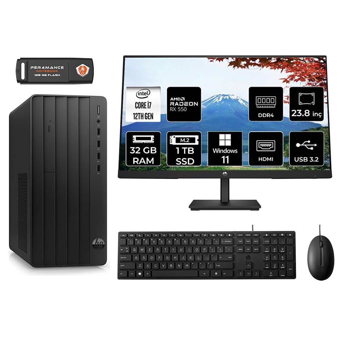 HP TOWER 290 G9 i7 12700 32GB RAM 1TB SSD RX550/4GB W11H 6D3A3EA MASAÜSTÜ PC & 23.8'' MONİTÖR