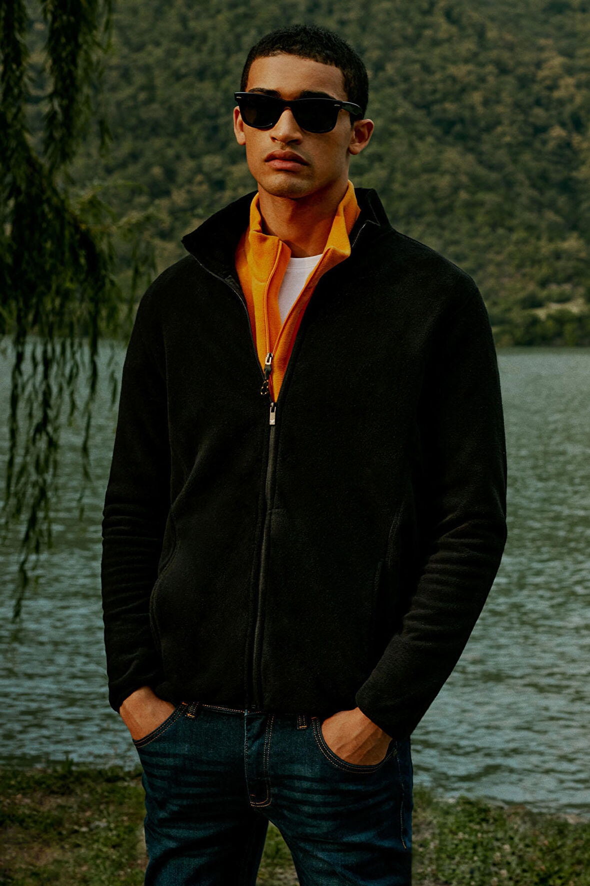 Erkek Siyah Anti-pilling Tüylenme Yapmayan Standart Fit Bato Yaka Sweatshirt Polar Ceket
