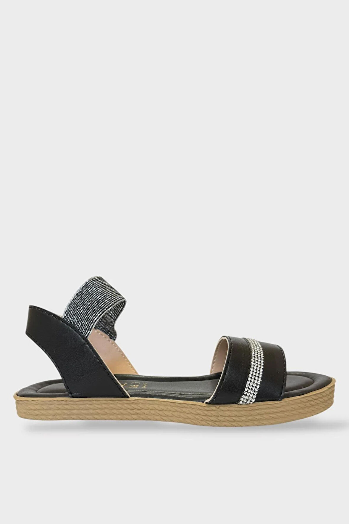 Kadın Taşlı Tek Bant Lastik Detaylı Sandalet SİYAH