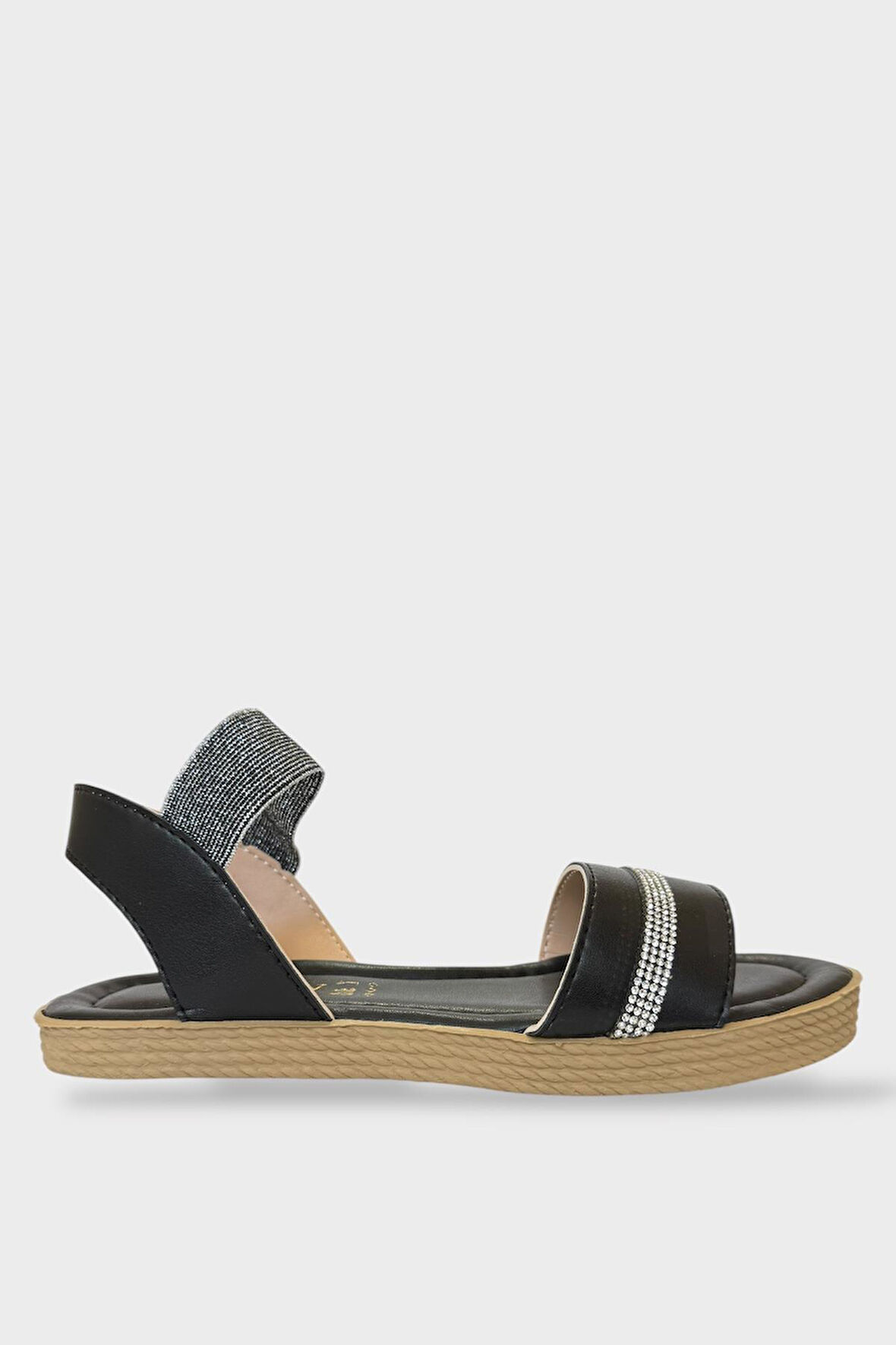 Kadın Taşlı Tek Bant Lastik Detaylı Sandalet SİYAH