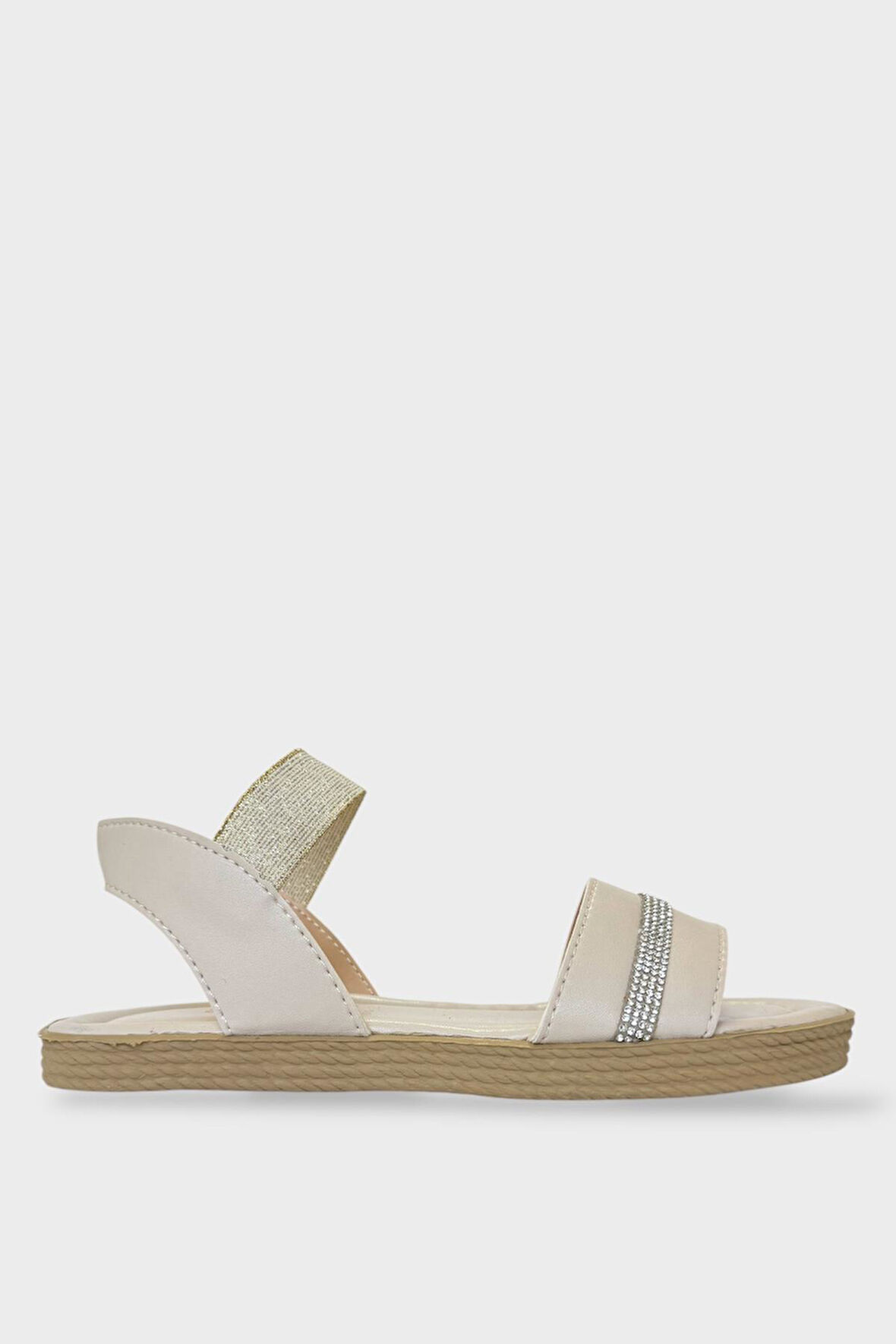 Kadın Taşlı Tek Bant Lastik Detaylı Sandalet KREM