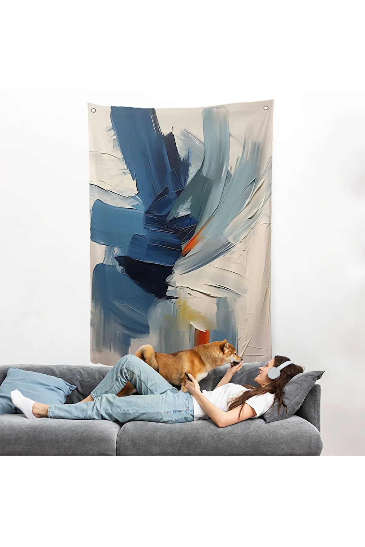 Mavi Tonlardaki Yağlıboya Görünümlü Duvar Örtüsü-7575