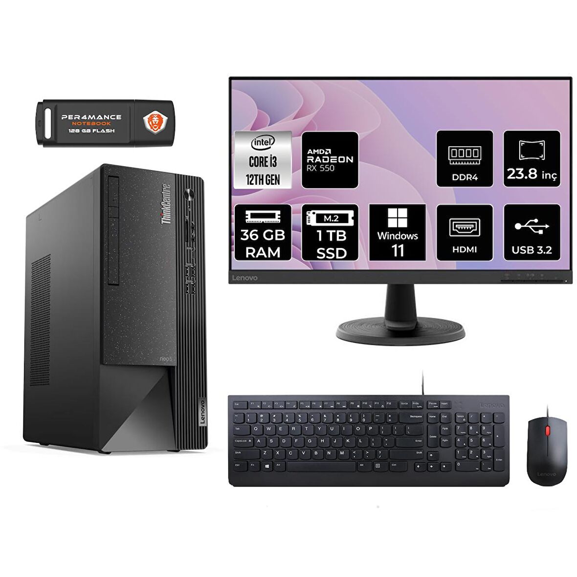 Lenovo ThinkCentre Neo 50T i3 12100 36GB 1TB SSD RX550/4GB W11H 11SC001ATX MASAÜSTÜ PC & 23.8" MONİTÖR