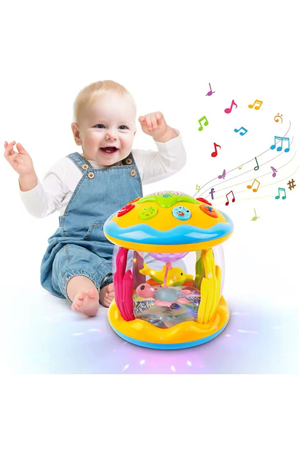 Projektörlü Pilli Işıklı Şarkılı Oyuncak Okyanus Temalı Davul Bebekler İçin Eğlenceli Sesli Davul