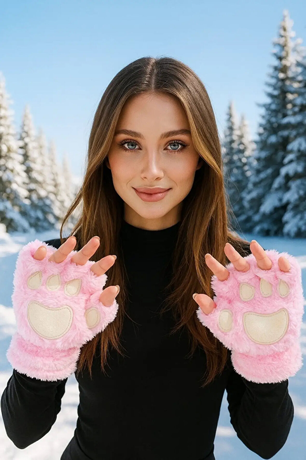 Mars Baby Kadın Kız Parmaksız Patili Pembe Peluş Eldiven