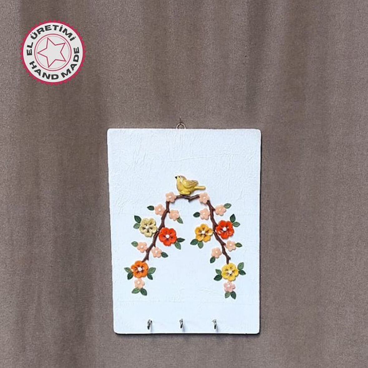 Uretti - Fatma 4830 El Yapımı Seramik Çiçekli Kuşlu Anahtarlık - Duvar Askılığı
