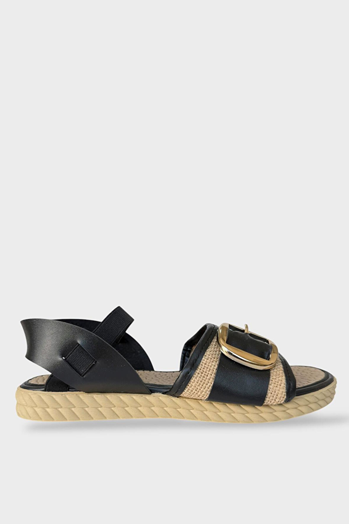 Kadın Tokalı Hasır Tek Bant Lastik Detaylı Sandalet SİYAH
