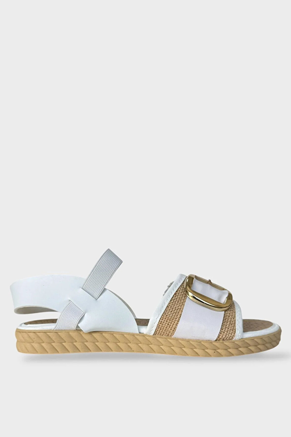 Kadın Tokalı Hasır Tek Bant Lastik Detaylı Sandalet BEYAZ