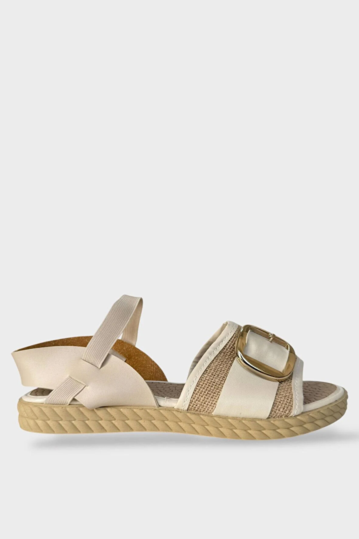 Kadın Tokalı Hasır Tek Bant Lastik Detaylı Sandalet KREM