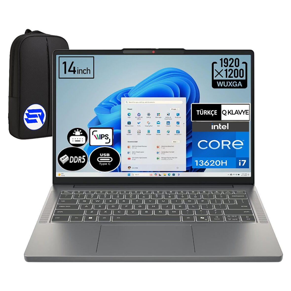 Lenovo Ideapad Slim 3 Intel Core I7-13620H 16 GB Ram 512 GB WIN11 Pro Wuxga 14'' 83K0002ATR + Elektropasaj Çanta