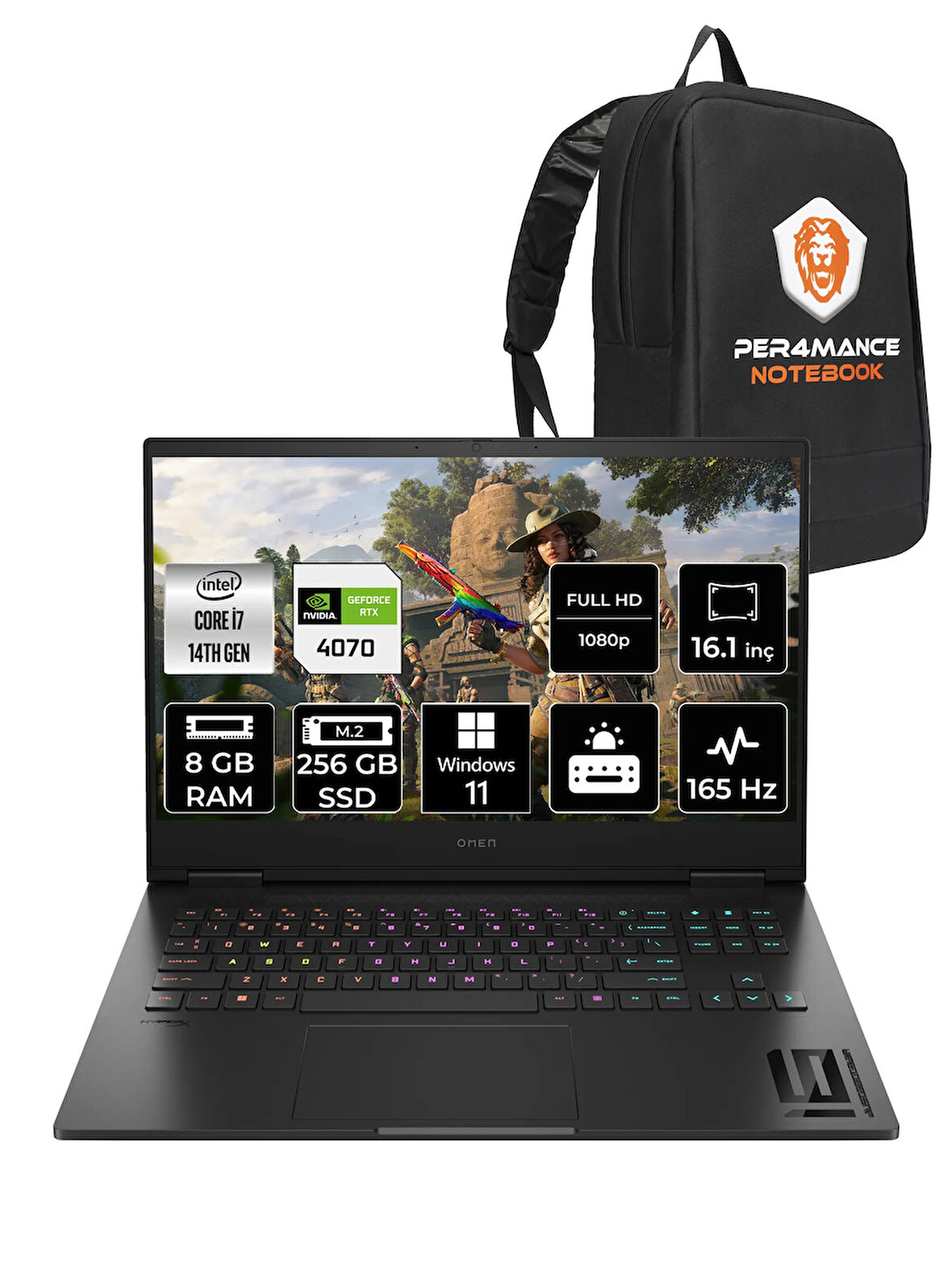 HP OMEN 16 i7 14700HX 8GB RAM 256GB SSD RTX4070/8GB 165Hz 16.1'' FHD W11H Gaming Laptop & PER4 ÇANTA