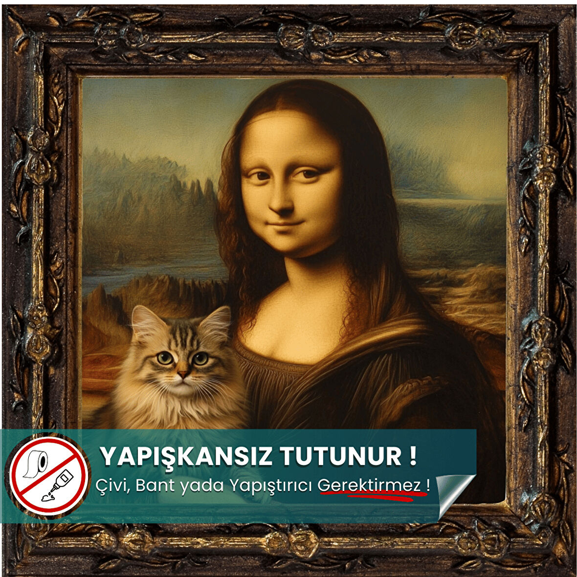 Mona Lisa & Kedi Posteri, Yapışkansız Tutunan Premium Baskı Statik Kağıt Poster, Yapay Zeka Tasarım