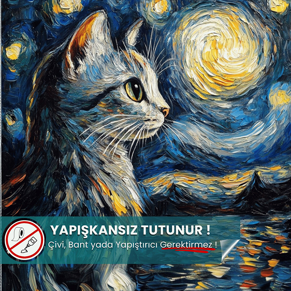 Yıldızlı Gece Kedi Posteri, Akıllı Kağıt Premium Eşsiz Tasarım Poster, Van Gogh Tablo,Duvar Posteri