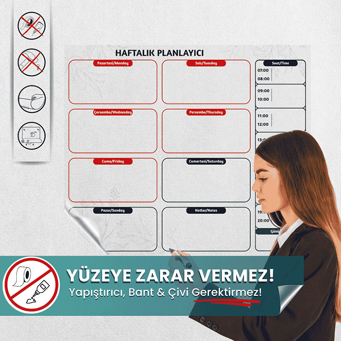 Haftalık Planlayıcı, Yüzeye Zarar Vermeyen Sihirli Inovatif Akıllı Kağıt, Saatlik Planlayıcı