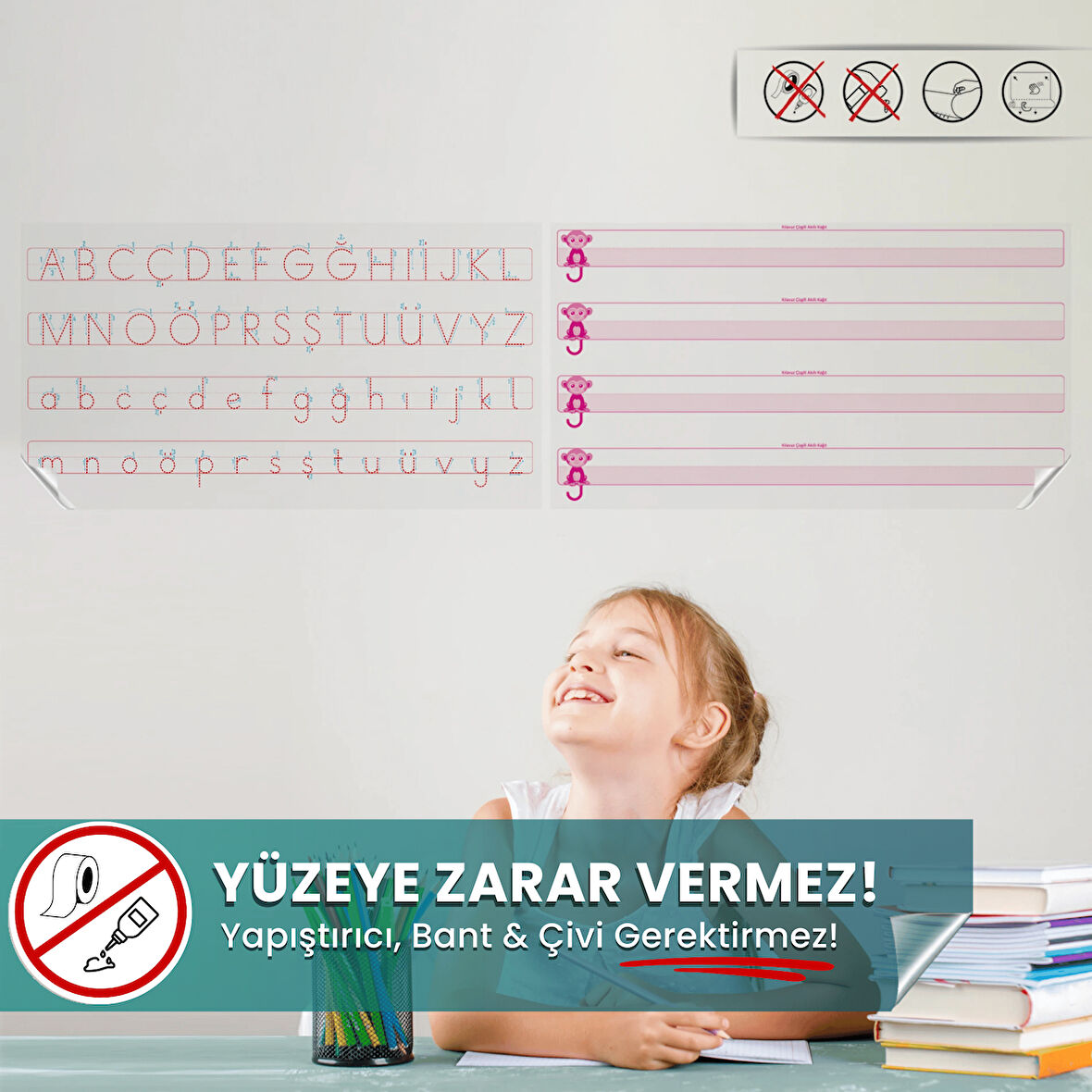 İlk Yazma Eğitim Seti, Harfli Elakin, Kılavuz Çizgili, Yüzeye Zarar Vermez,Akıllı Kağıt Yazı Tahtası