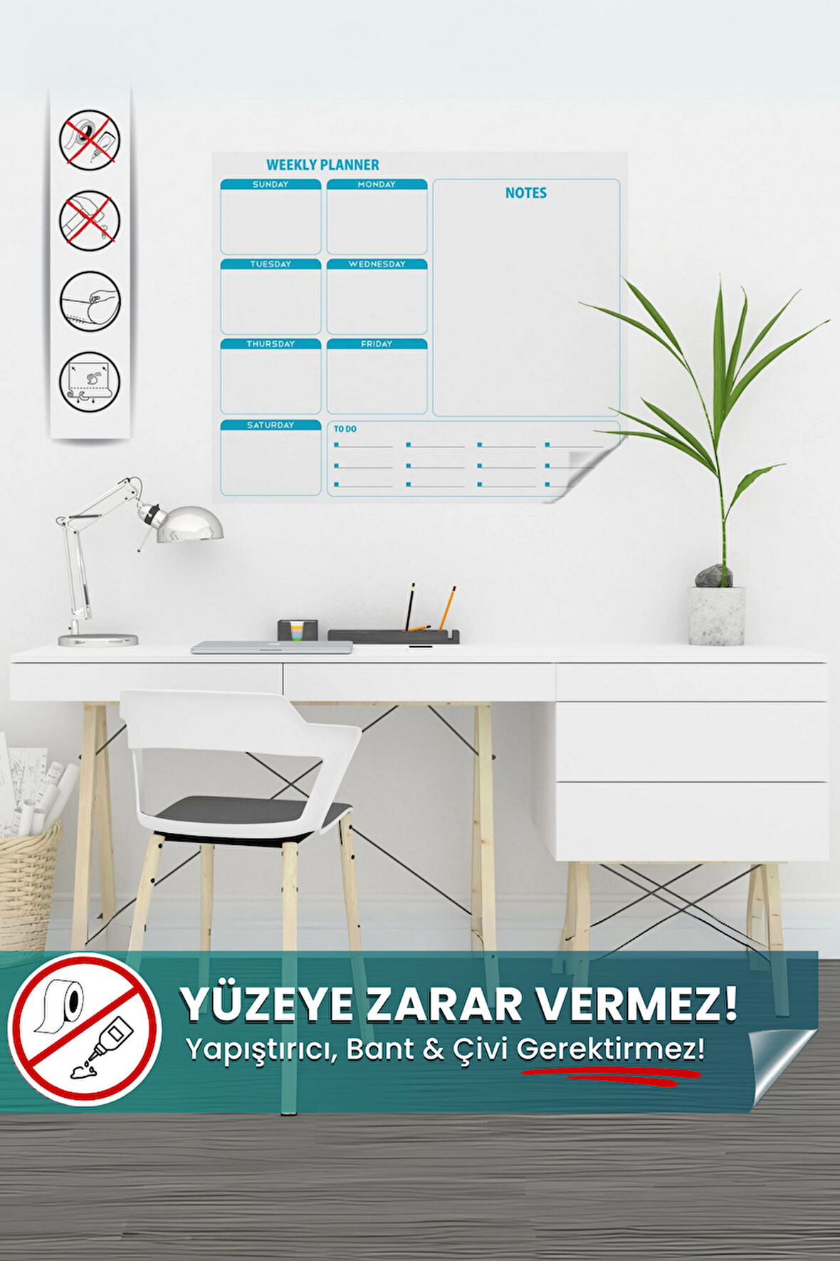 Weekly Planner, Yapışkansız İz Bırakmaz, Planlayıcı, Duvara Yapışan Yazı Tahtası, Akıllı Kağıt