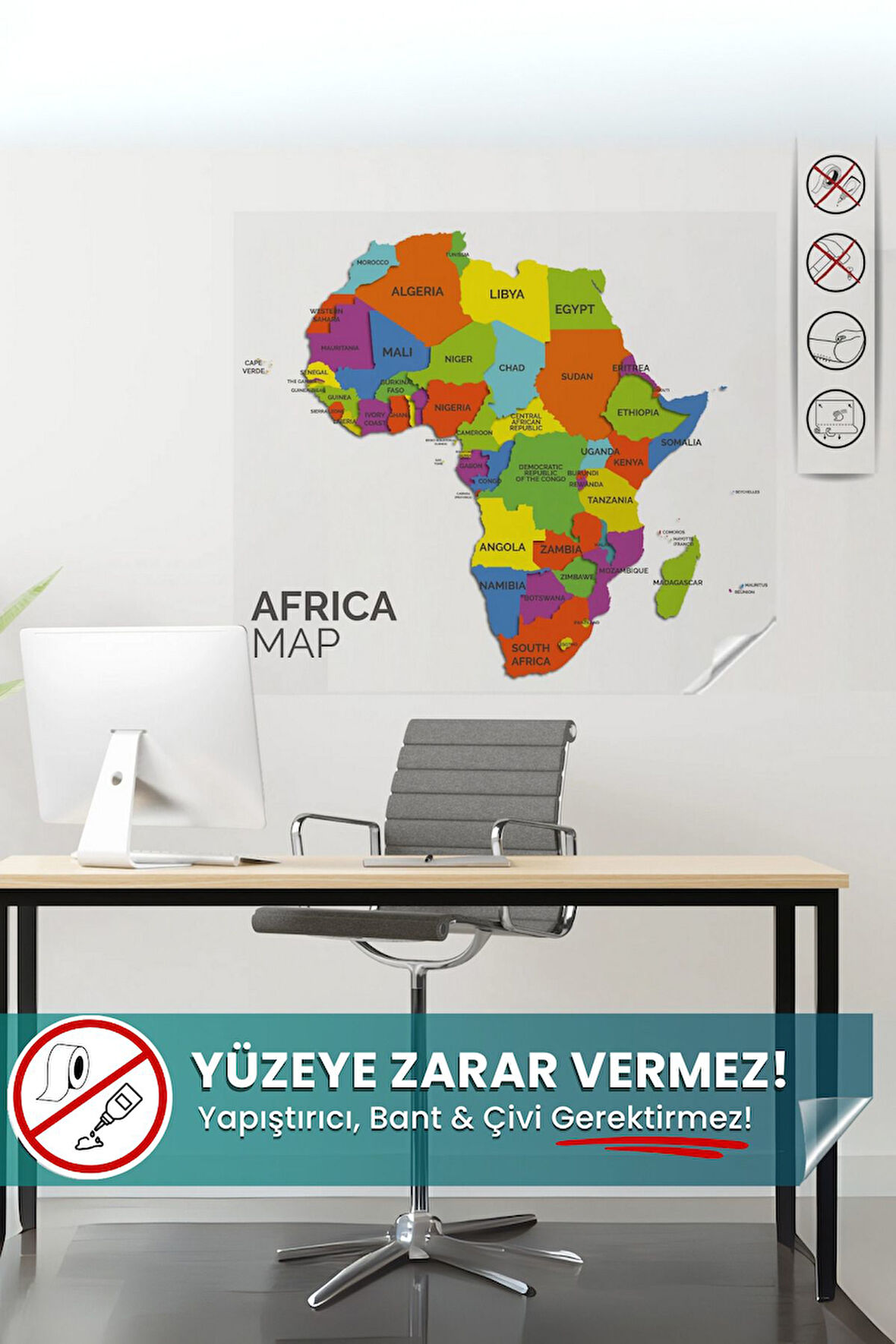 Afrika Kıtası Haritası, İz Bırakmaz, Harita, Yapışkansız Tutunan, Statik Kağıt Tahta, Sihirli Kağıt