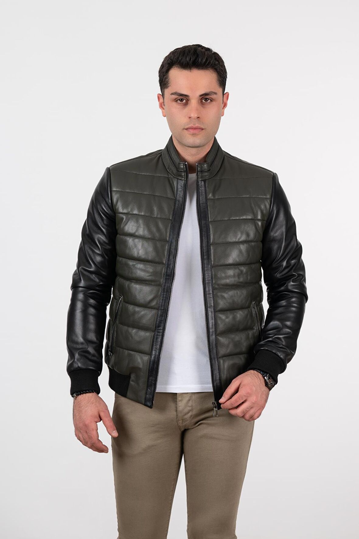 Deri Effect Erkek Haki Şişme Hakiki Deri Ceket
