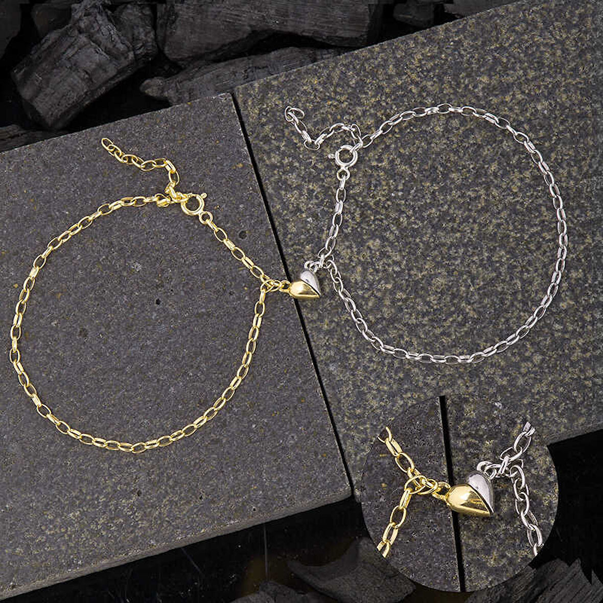 Himarry 925 Ayar Gümüş Rodyum Gold Çift Kalpli Aşk Bileklik