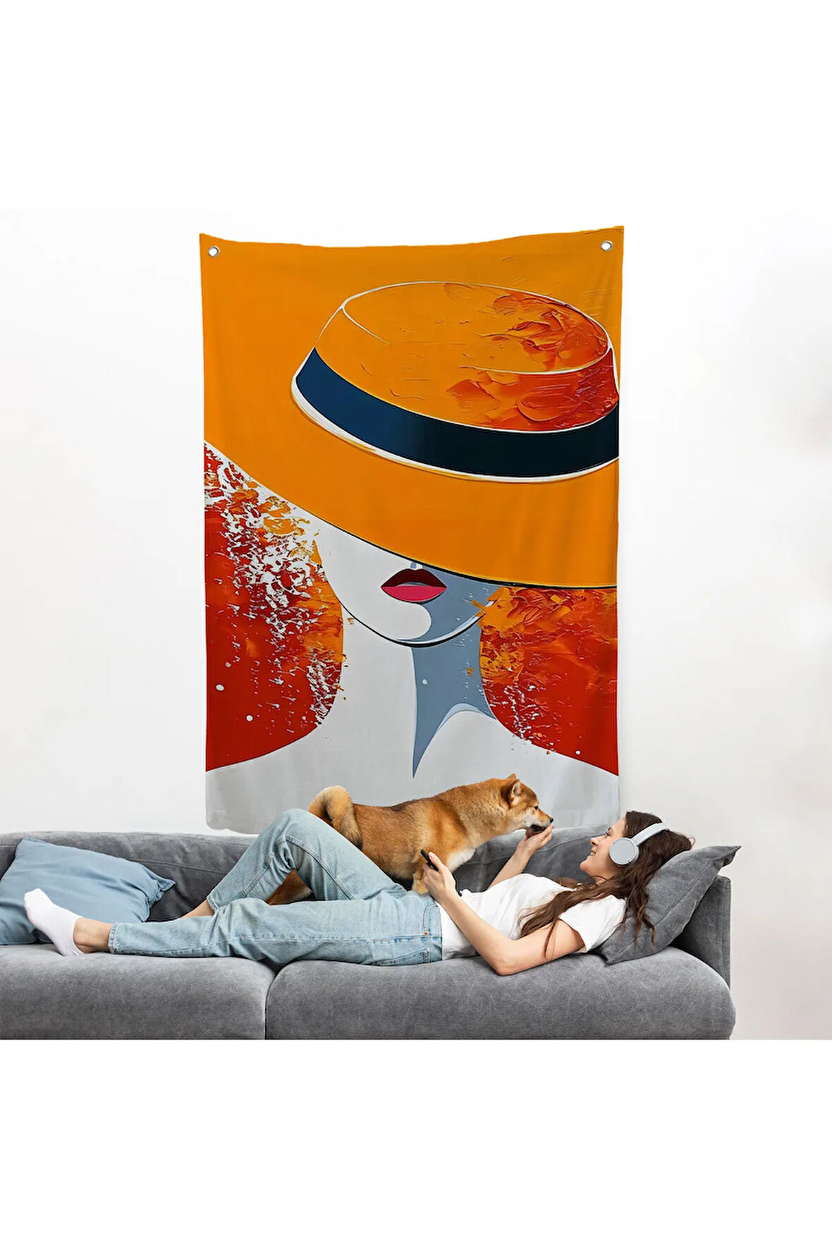 Turuncu Şapkalı Retro Kadın Duvar Örtüsü-7589