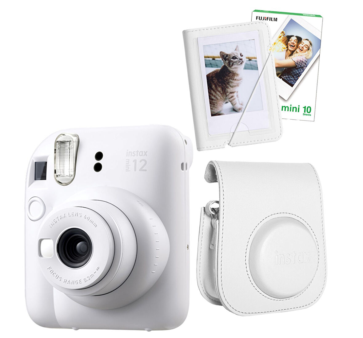 Fujifilm Instax Mini 12 10 Filmli Mini Albüm ve Deri Kılıflı Beyaz Fotoğraf Makinesi