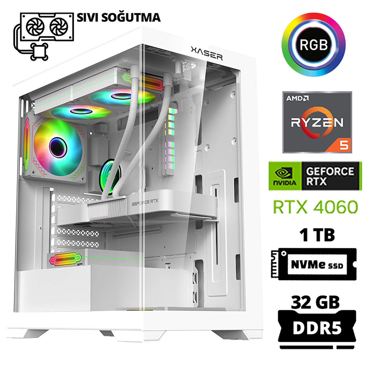 Xaser Delux X56 Ryzen 5 7500F 32GB DDR5 Ram 1TB M.2 NVMe SSD 8GB RTX4060 Sıvı Soğutmalı Oyuncu Bilgisayarı