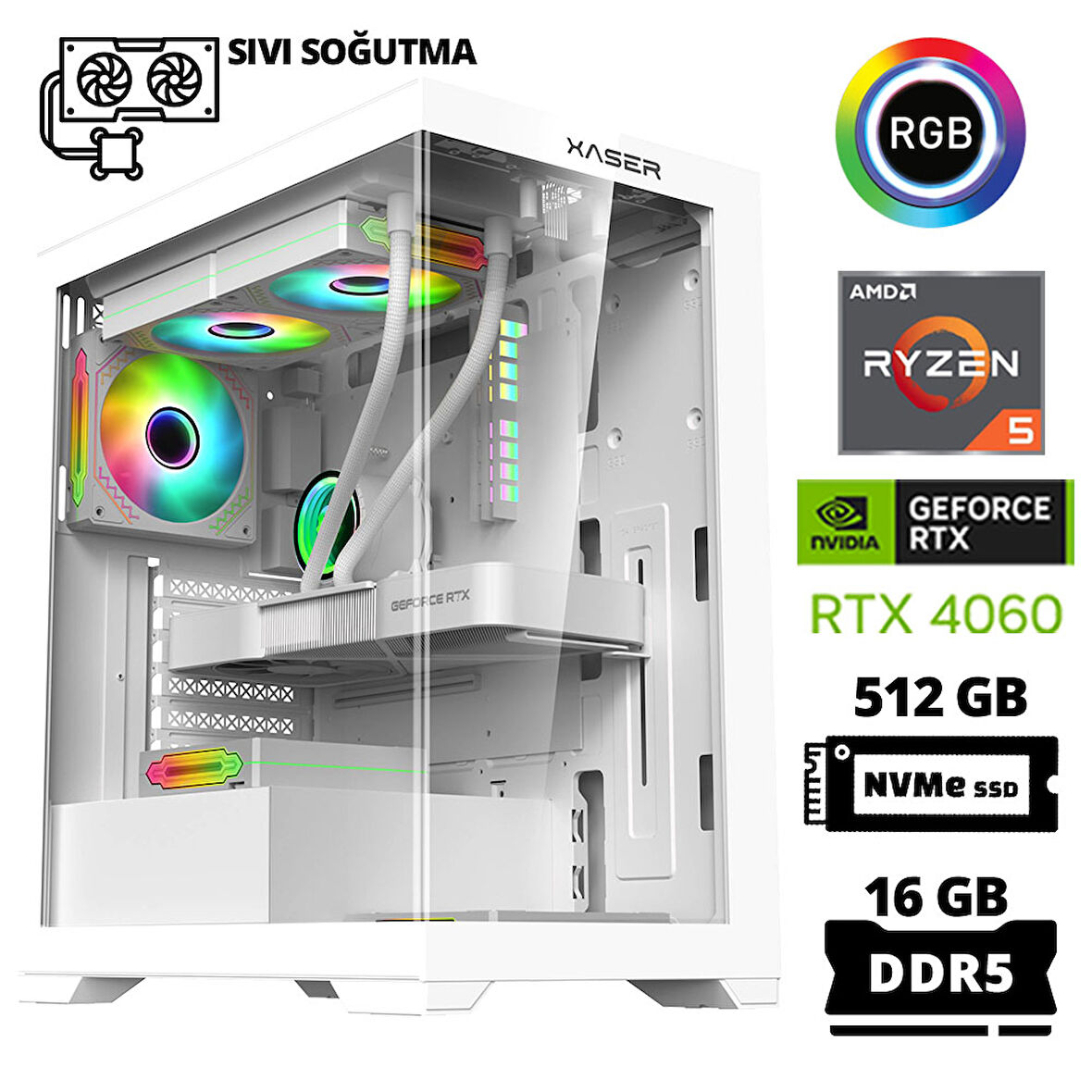 Xaser Delux X55 Ryzen 5 7500F 16GB DDR5 Ram 512GB M.2 NVMe SSD 8GB RTX4060 Sıvı Soğutmalı Oyuncu Bilgisayarı