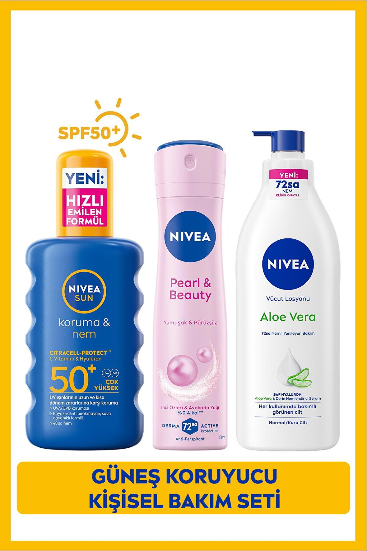 Nivea Sun Güneş Koruyucu Vücut Spreyi Spf50 200ml, Aloe Vera Vücut Losyonu 400ml, Sprey Deodorant 150ml