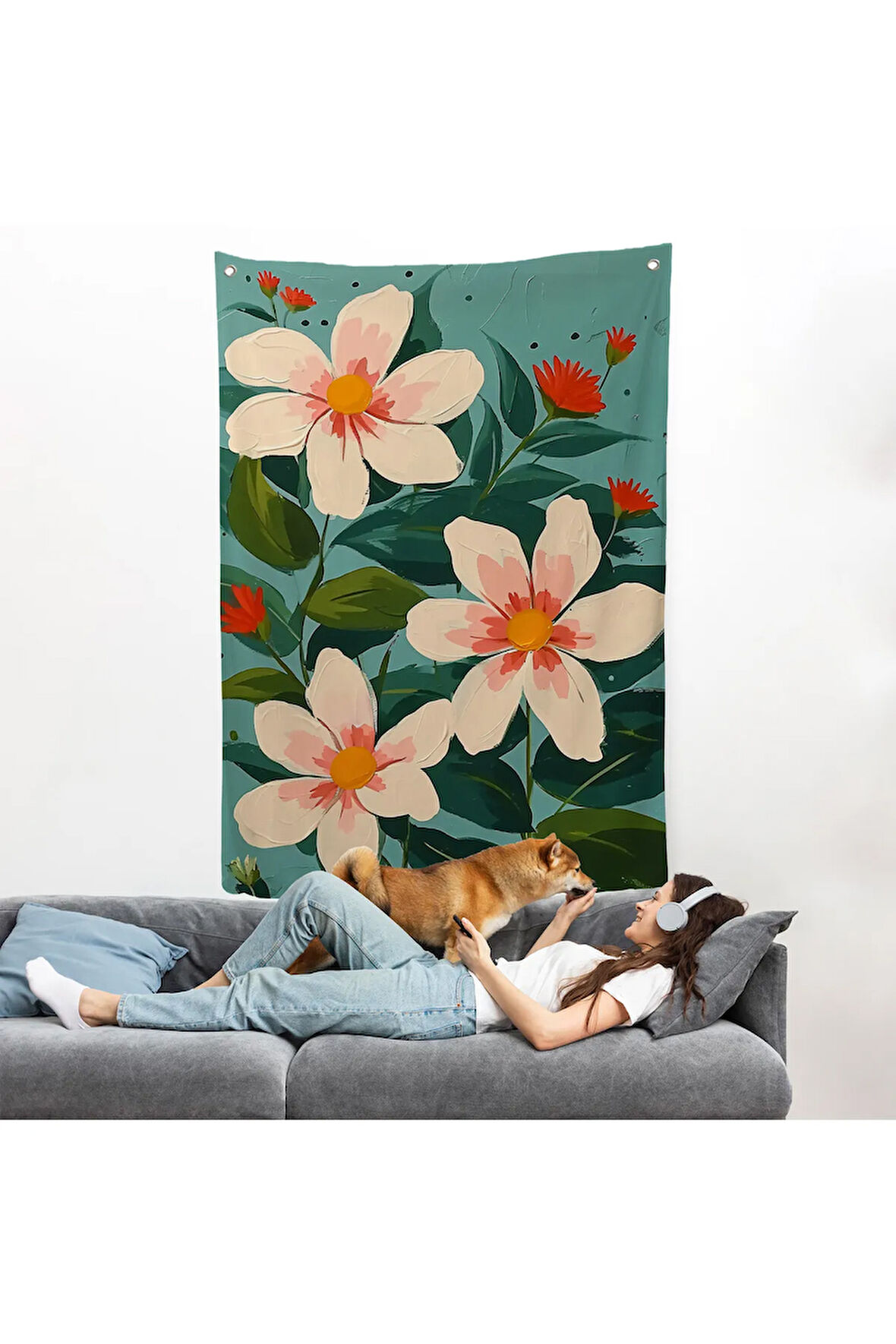 Beyaz Çiçekler Duvar Örtüsü-7592