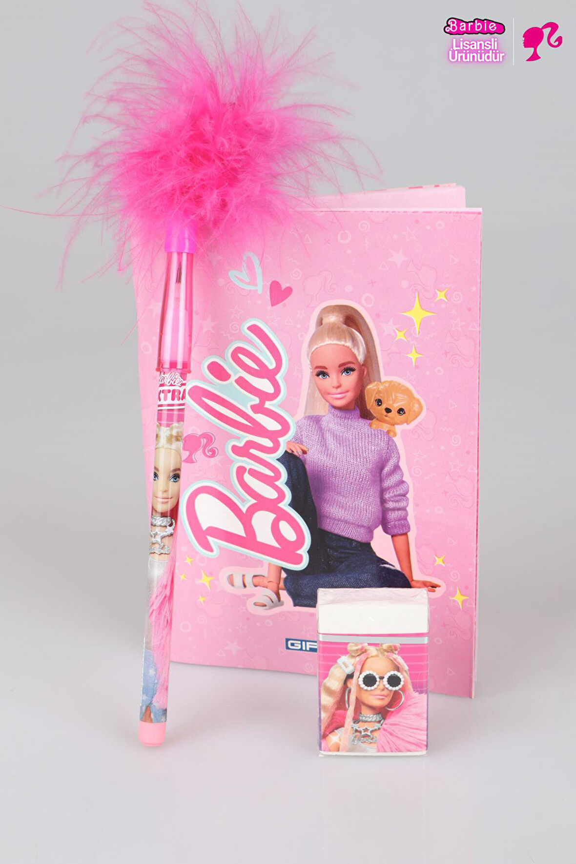 YENİ SEZON LİSANSLI BARBIE NOT DEFTERİ ,TÜYLÜ GEÇMELİ KURŞUN KALEM VE SİLGİ SETİ 