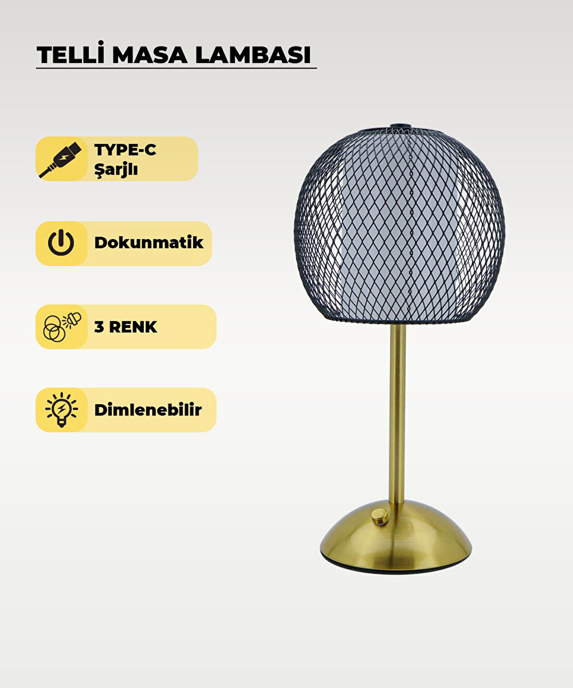 Siyah Telli Masa Lambası - Dokunmatik - 3 Renk Işık