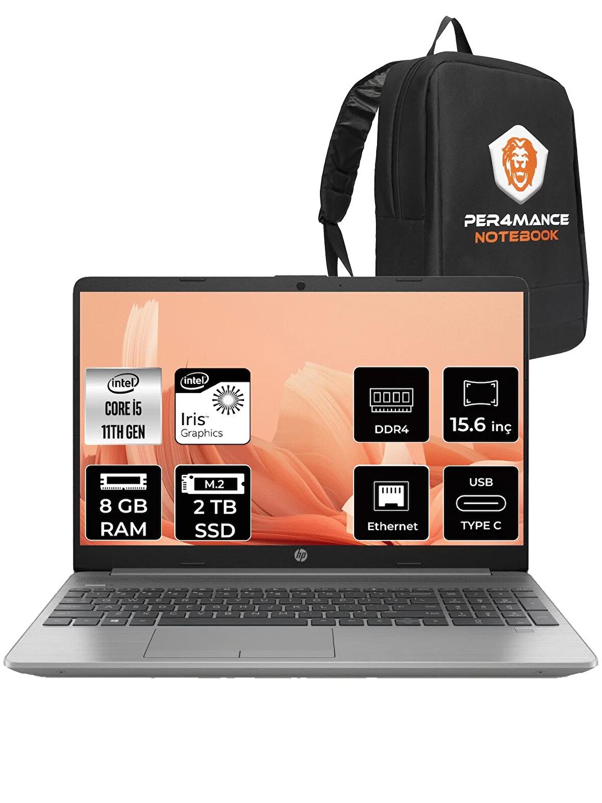 HP 250 G8 i5 1135G7 8GB RAM 2TB SSD 15.6'' FHD FDOS 853U8ES & PER4 ÇANTA