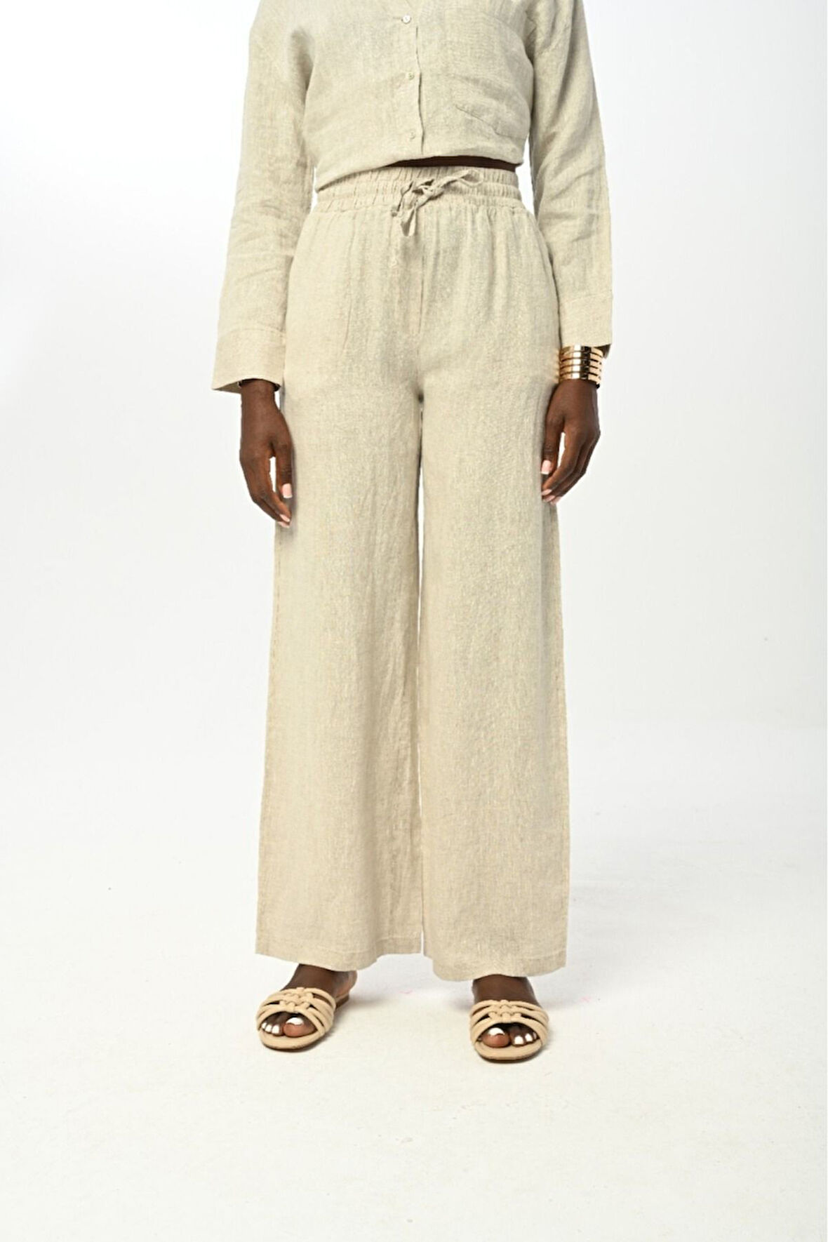 KADIN BELİ LASTİKLİ BOL PAÇA DÜZ NATUR RENK PANTOLON