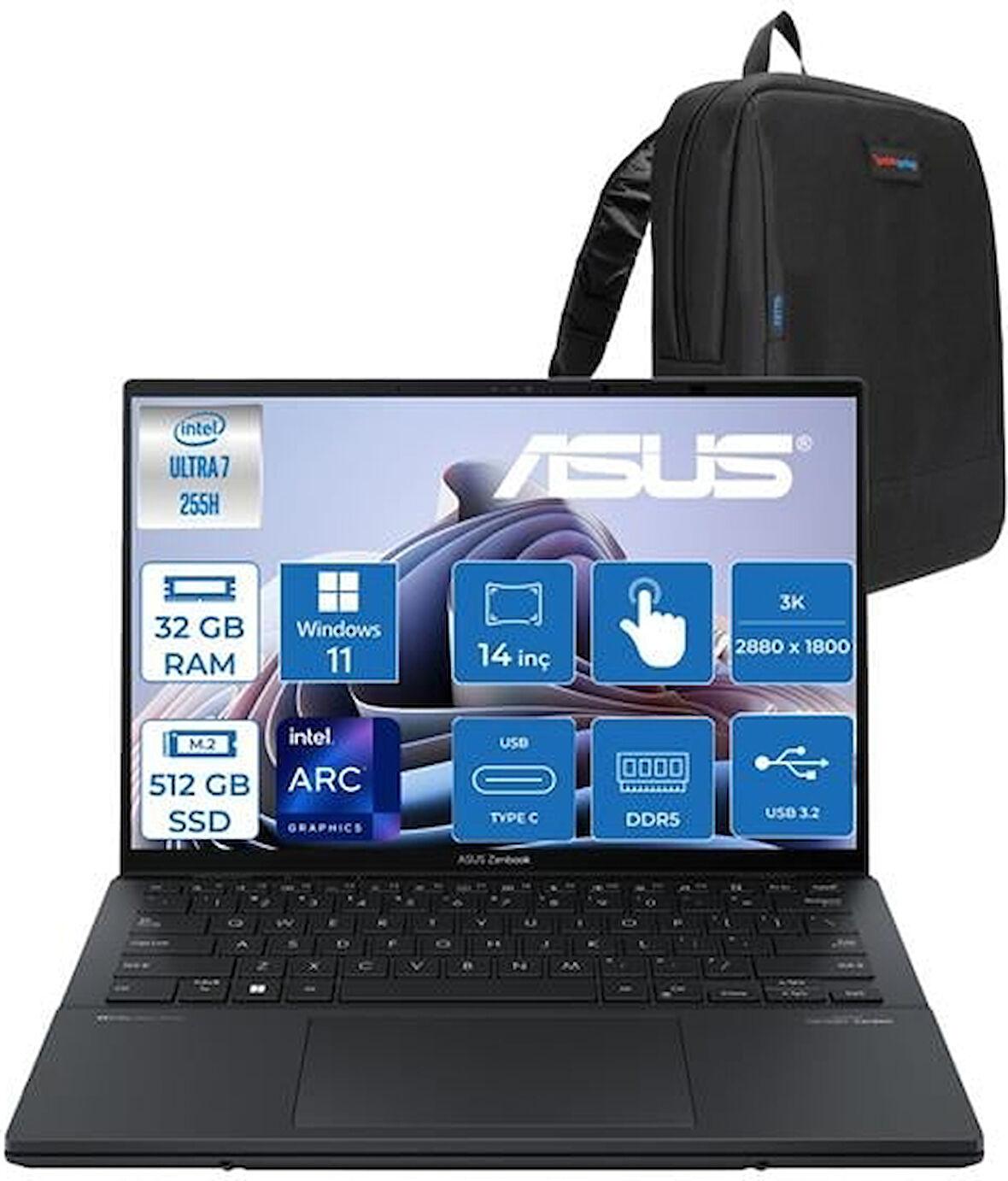 Asus Zenbook Duo Intel Core Ultra 7 255H 32GB Ddr5 512GB SSD Intel Arc Graphics WIN11PRO 14" 3k OLED 120Hz 500NITS Dokunmatik Taşınabilir Bilgisayar UX8406CAP01 + Zettaçanta