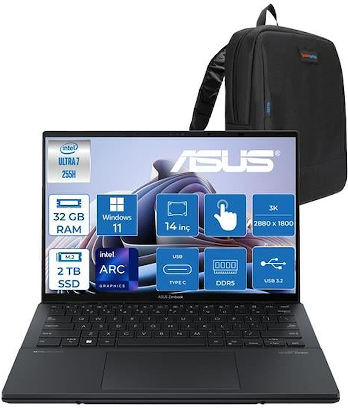 Asus Zenbook Duo Intel Core Ultra 7 255H 32GB Ddr5 2tb SSD Intel Arc Graphics WIN11PRO 14" 3k OLED 120Hz 500NITS Dokunmatik Taşınabilir Bilgisayar UX8406CAP03 + Zettaçanta