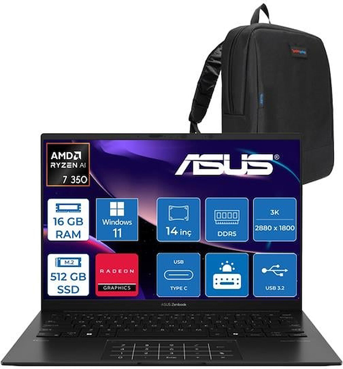 Asus Zenbook 14 OLED Ryzen Aı 7 350 16GB Ddr5 512GB SSD Intel Arc Graphics WIN11PRO 14" Wuxga OLED 600NITS Taşınabilir Bilgisayar UM3406KAP01 + Zettaçanta